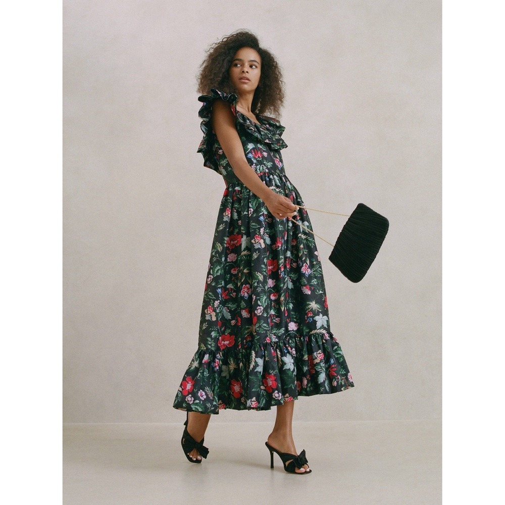 LOEFFLER RANDALL Serene Off Shoulder Dress NWT Size 4 Black Green Floral Ruffle